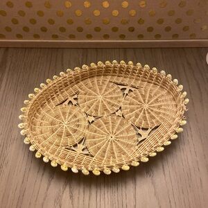 Vintage Large Oval Woven Basket with Cowrie Shells Handwoven Basket